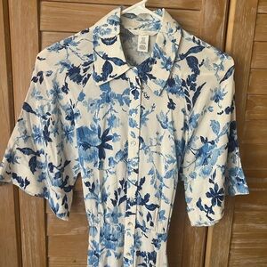 H&M White and Blue Floral Print Button-Up Dress